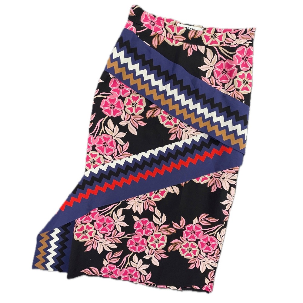 MSGM Floral Zig Zag Silk Asymmetric Pencil Skirt IT 38 US 2 Black Pink Blue Luxe